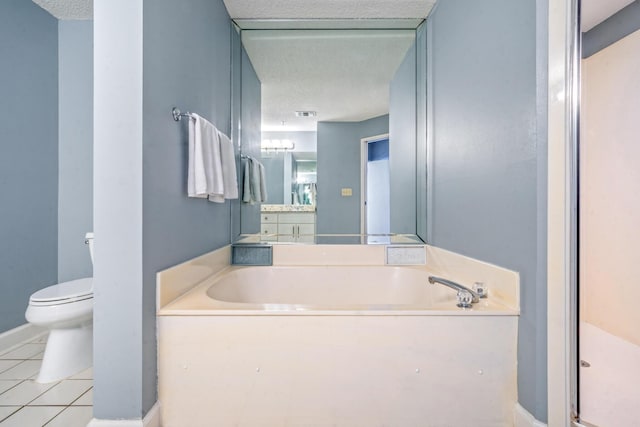 full bath with toilet, a textured ceiling, tile patterned flooring, and a bath