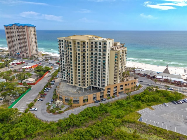 aerial view featuring a beach view and a water view