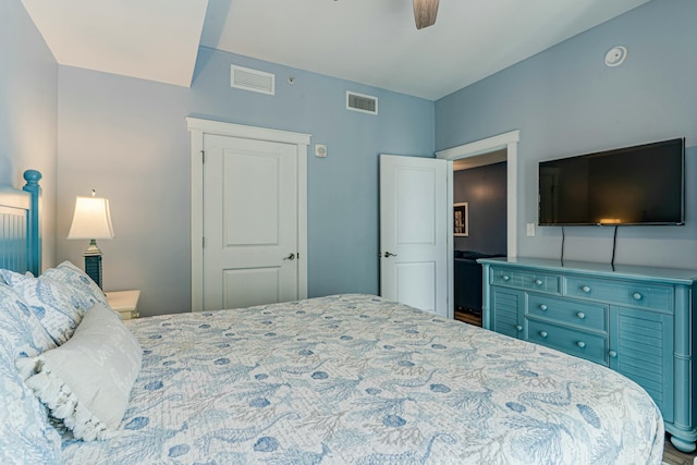 bedroom featuring visible vents and ceiling fan