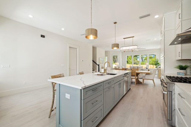 144 Dalton Dr, Santa Rosa Beach, FL 32459 - kitchen with appliances with stainless steel finishes, visible vents, light wood-style floors, and gray cabinets