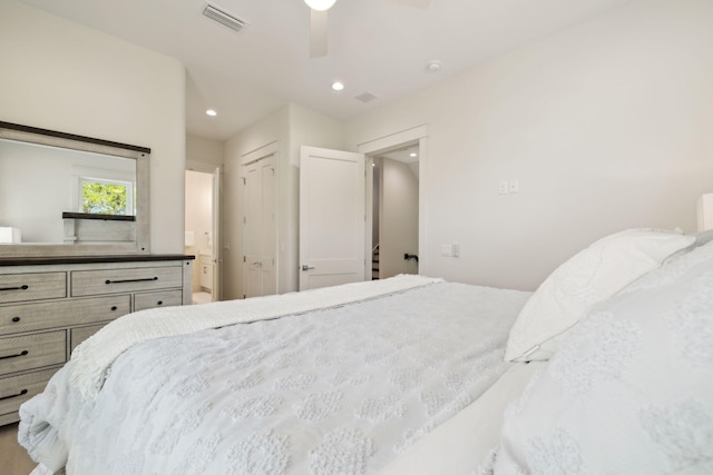 144 Dalton Dr, Santa Rosa Beach, FL 32459 - bedroom featuring visible vents, a ceiling fan, connected bathroom, and recessed lighting
