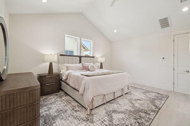 144 Dalton Dr, Santa Rosa Beach, FL 32459 - bedroom with recessed lighting, light wood-style flooring, visible vents, a ceiling fan, and lofted ceiling
