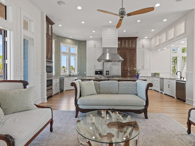 182 My Way, Santa Rosa Beach, FL 32459 - living room featuring recessed lighting, a ceiling fan, and light wood-style flooring
