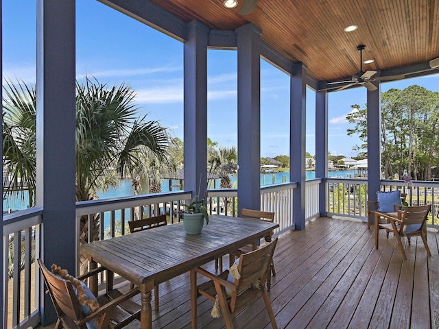 182 My Way, Santa Rosa Beach, FL 32459 - sunroom featuring a water view, a ceiling fan, wood ceiling, and hardwood / wood-style flooring