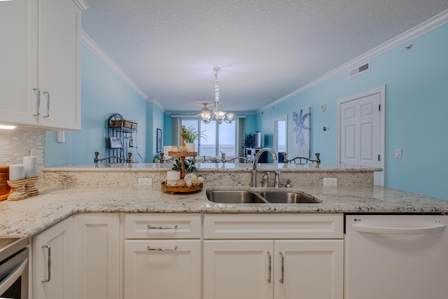 17545 Front Beach Rd Unit 1507, Panama City Beach, FL 32413 - kitchen featuring dishwasher, crown molding, white cabinets, light stone countertops, and a chandelier