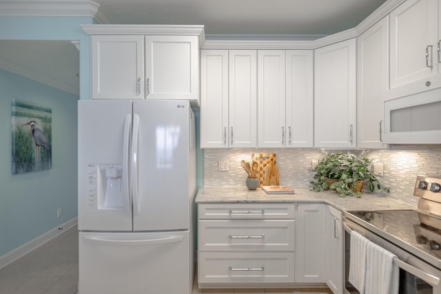 17545 Front Beach Rd Unit 1507, Panama City Beach, FL 32413 - kitchen featuring white appliances, white cabinets, tasteful backsplash, crown molding, and light stone counters