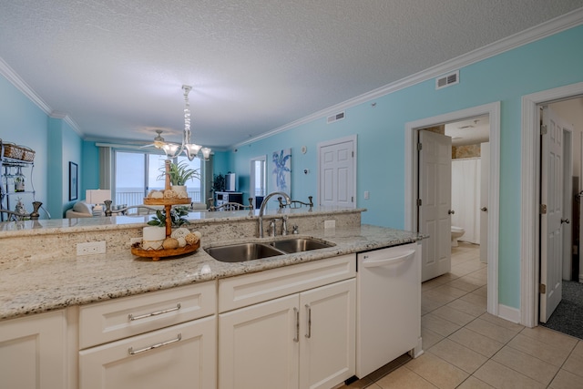 17545 Front Beach Rd Unit 1507, Panama City Beach, FL 32413 - kitchen featuring dishwasher, ornamental molding, light tile patterned floors, open floor plan, and light stone countertops