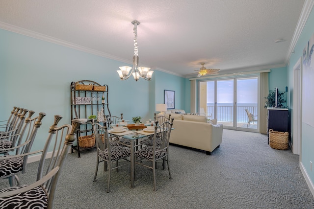 17545 Front Beach Rd Unit 1507, Panama City Beach, FL 32413 - dining room with carpet, crown molding, a ceiling fan, a chandelier, and a textured ceiling