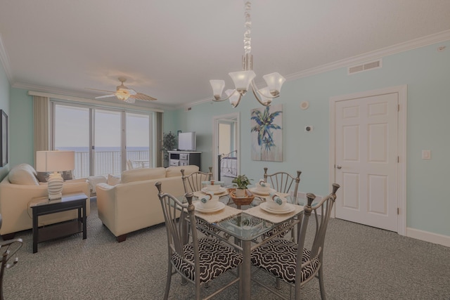 17545 Front Beach Rd Unit 1507, Panama City Beach, FL 32413 - dining space featuring carpet floors, crown molding, a chandelier, and a ceiling fan
