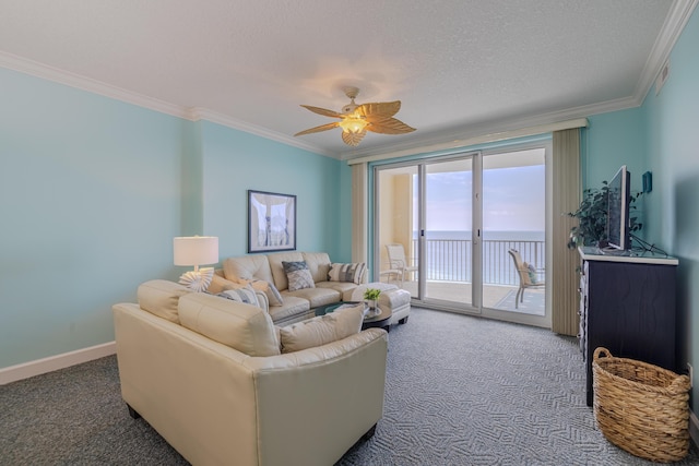 17545 Front Beach Rd Unit 1507, Panama City Beach, FL 32413 - living area with carpet floors, crown molding, and a ceiling fan
