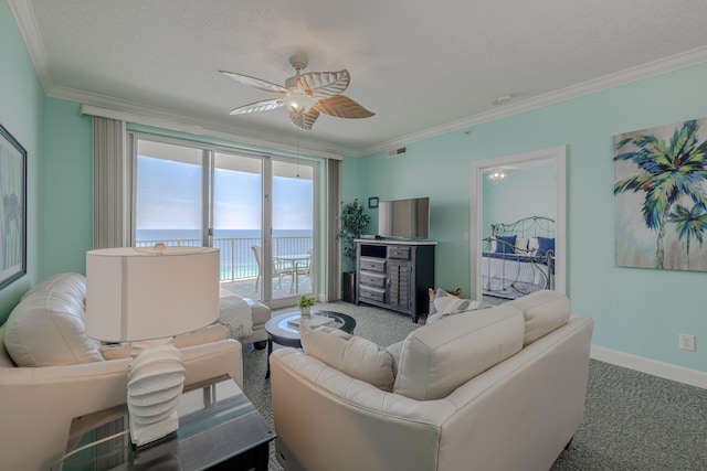 17545 Front Beach Rd Unit 1507, Panama City Beach, FL 32413 - living room featuring a ceiling fan, carpet floors, and crown molding