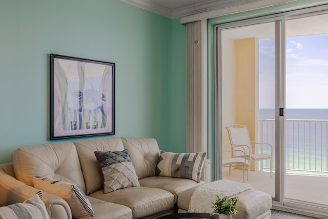 17545 Front Beach Rd Unit 1507, Panama City Beach, FL 32413 - living area featuring crown molding, healthy amount of natural light, a water view, and carpet floors