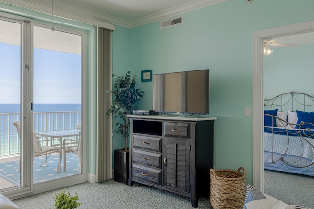 17545 Front Beach Rd Unit 1507, Panama City Beach, FL 32413 - bedroom with carpet floors, access to outside, ornamental molding, and multiple windows