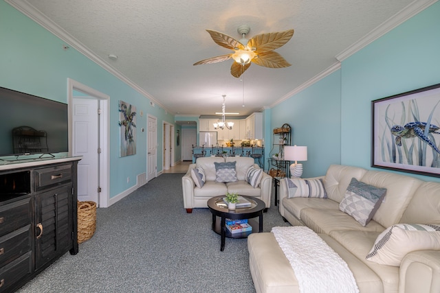 17545 Front Beach Rd Unit 1507, Panama City Beach, FL 32413 - carpeted living room with a chandelier, crown molding, ceiling fan, and a textured ceiling