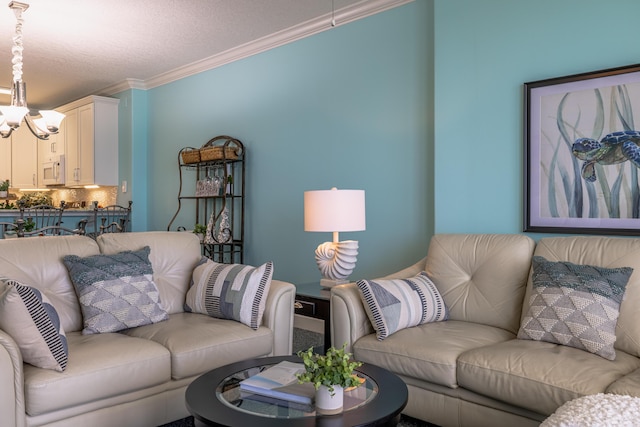 17545 Front Beach Rd Unit 1507, Panama City Beach, FL 32413 - living area with ornamental molding, a textured ceiling, and a chandelier