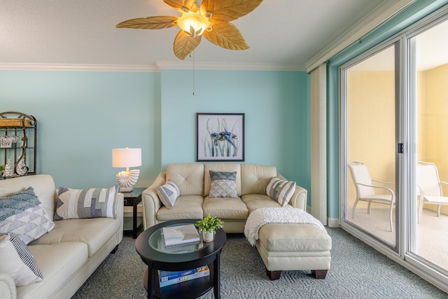 17545 Front Beach Rd Unit 1507, Panama City Beach, FL 32413 - living room with ceiling fan, ornamental molding, and carpet