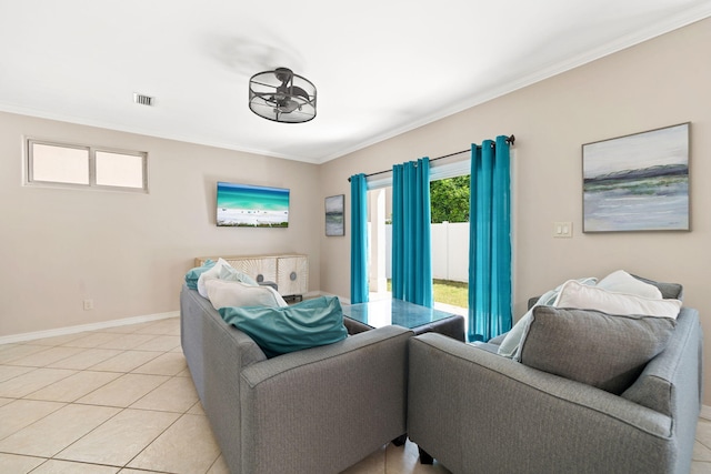229 Inverrary Dr, Destin, FL 32541 - living area featuring crown molding, baseboards, light tile patterned floors, and visible vents