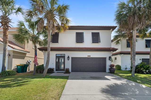229 Inverrary Dr, Destin, FL 32541 - view of front of property with a tile roof, a front lawn, concrete driveway, an attached garage, and stucco siding
