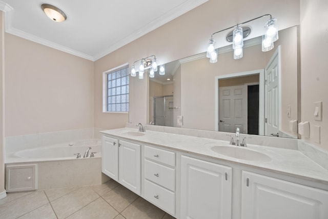 229 Inverrary Dr, Destin, FL 32541 - bathroom featuring a sink, ornamental molding, a stall shower, and double vanity
