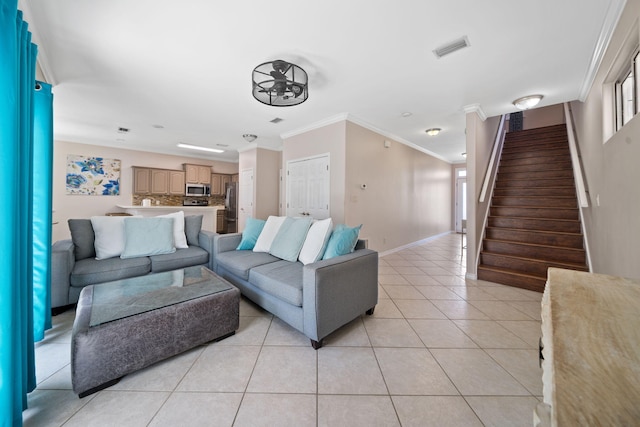 229 Inverrary Dr, Destin, FL 32541 - living room with visible vents, stairway, baseboards, ornamental molding, and light tile patterned flooring