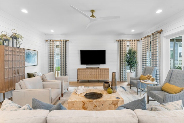 10 Basal St, Inlet Beach, FL 32461 - living area featuring plenty of natural light, wood finished floors, recessed lighting, wooden walls, and a ceiling fan