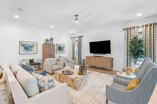10 Basal St, Inlet Beach, FL 32461 - living area featuring wood walls, wood finished floors, recessed lighting, and a ceiling fan
