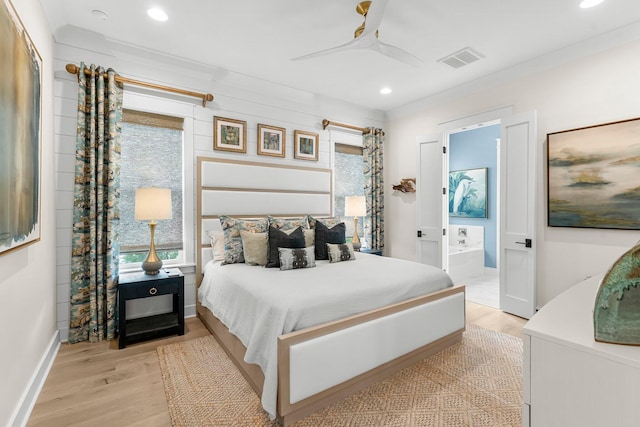 10 Basal St, Inlet Beach, FL 32461 - bedroom with light wood-type flooring, recessed lighting, ensuite bath, baseboards, and a ceiling fan