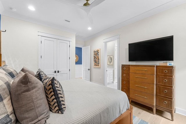 10 Basal St, Inlet Beach, FL 32461 - bedroom featuring baseboards, a closet, light wood-type flooring, recessed lighting, and ensuite bath