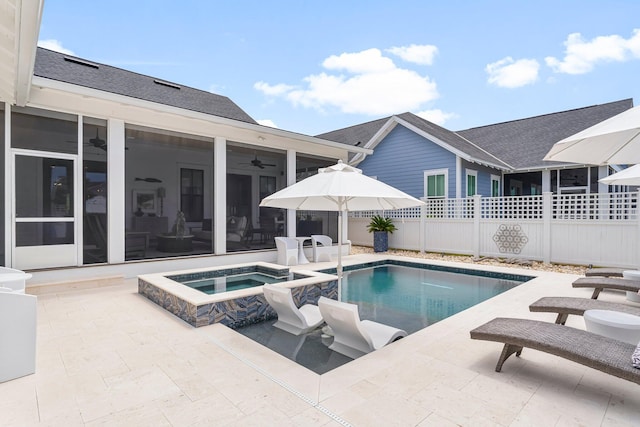 10 Basal St, Inlet Beach, FL 32461 - view of pool featuring ceiling fan, a patio, fence, and a pool with connected hot tub