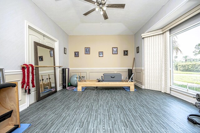 exercise area featuring wainscoting, wood finished floors, and a ceiling fan