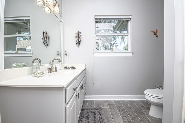 bathroom featuring baseboards, wood finish floors, vanity, and plenty of natural light
