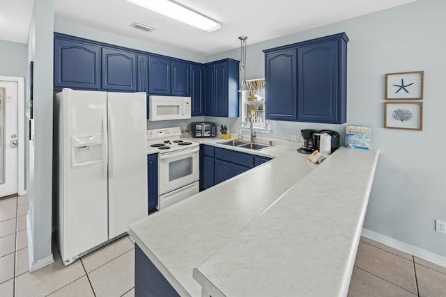 kitchen with a sink, visible vents, blue cabinets, white appliances, and a peninsula