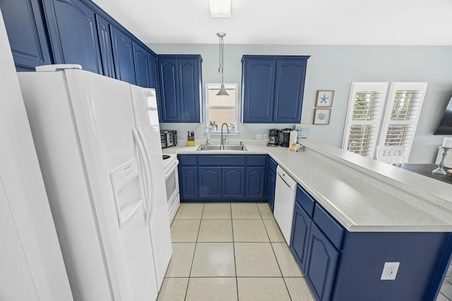 kitchen with a sink, blue cabinets, and white appliances