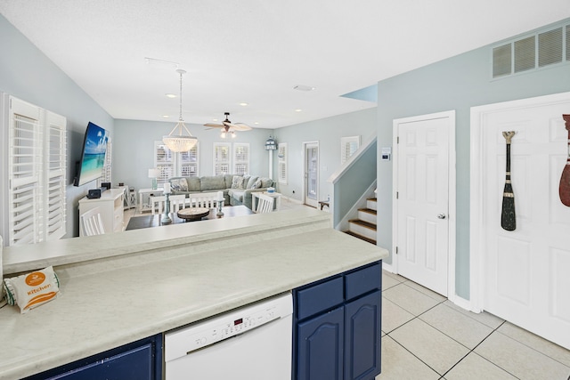 kitchen featuring light tile patterned flooring, white dishwasher, visible vents, blue cabinets, and open floor plan
