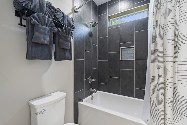 bathroom with toilet and shower / bath combination with curtain