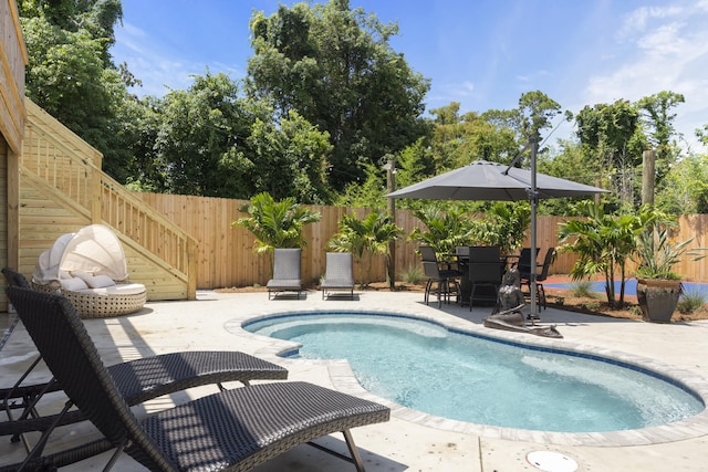 view of pool featuring a patio, a fenced backyard, and a fenced in pool