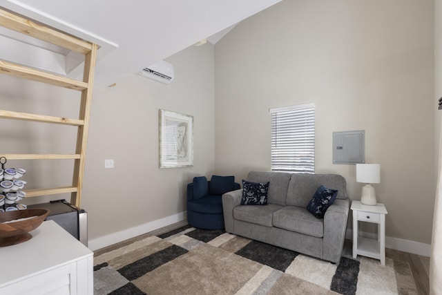 living room featuring baseboards, a wall mounted AC, high vaulted ceiling, and electric panel