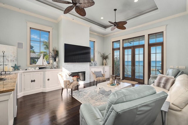 living area with dark wood finished floors, ceiling fan, a tray ceiling, and a glass covered fireplace