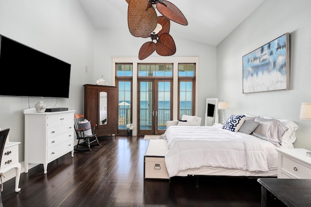 bedroom featuring access to outside, dark wood finished floors, and lofted ceiling