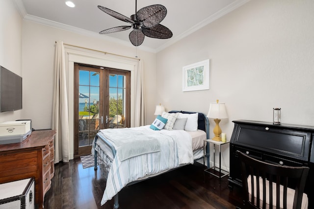 bedroom with crown molding, access to exterior, french doors, recessed lighting, and wood finished floors