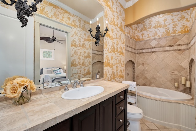 ensuite bathroom featuring vanity, toilet, tile patterned floors, wallpapered walls, and ornamental molding