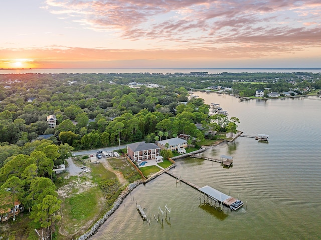 drone / aerial view featuring a water view