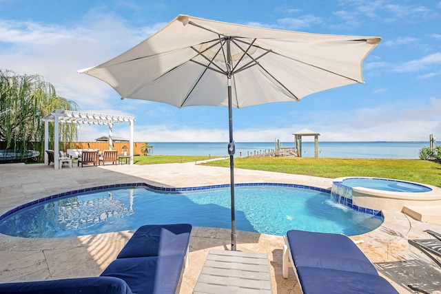 view of swimming pool with a pergola, a pool with connected hot tub, a water view, and a patio area