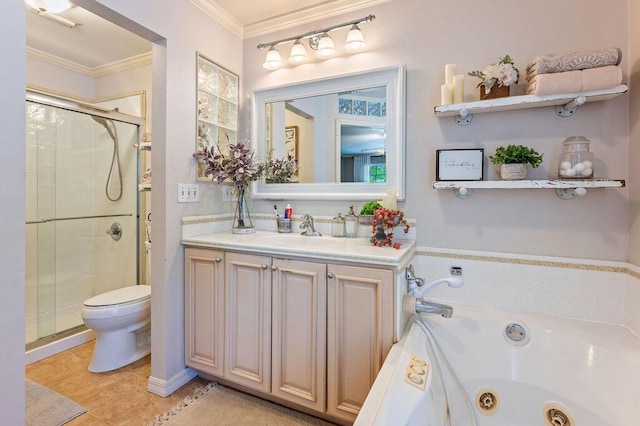 full bathroom with crown molding, vanity, tile patterned floors, a whirlpool tub, and a stall shower
