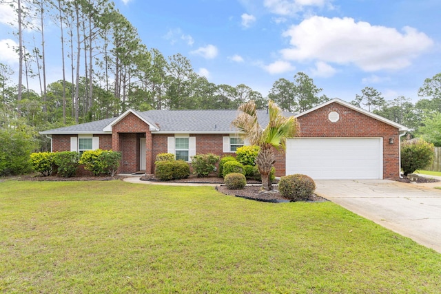 single story home featuring brick siding, a shingled roof, a garage, a front yard, and concrete driveway