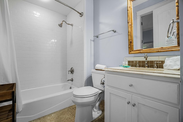 bathroom featuring shower / bath combo with shower curtain, toilet, and vanity