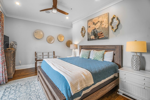 bedroom featuring crown molding, ceiling fan, baseboards, recessed lighting, and dark wood-type flooring