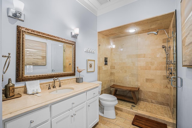 bathroom featuring a stall shower, toilet, and vanity
