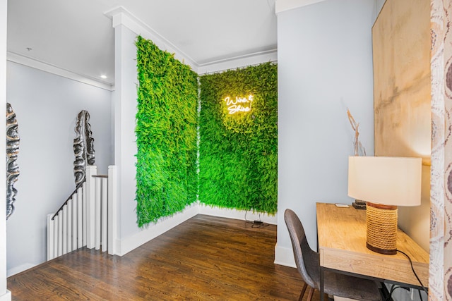 office with wood finished floors, crown molding, and baseboards