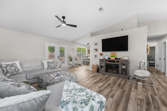 1207 Jefferyscot Dr, Crestview, FL 32536 - living area with wood finished floors, visible vents, a ceiling fan, french doors, and high vaulted ceiling